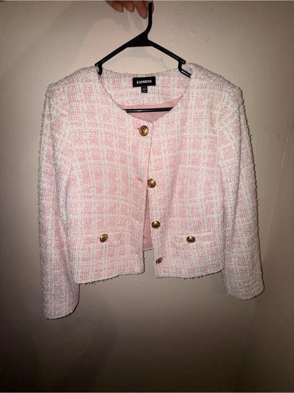 Express Pink & White Tweed Cropped Blazer with Gold Buttons